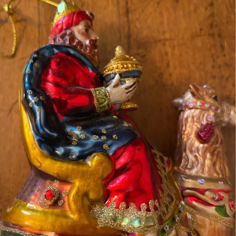 Christmas Tree Glass Ornaments Wise Man on Camel and Country Church Lot of 2